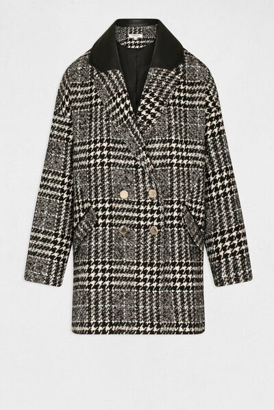 Straight coat with houndstooth print ecru ladies'