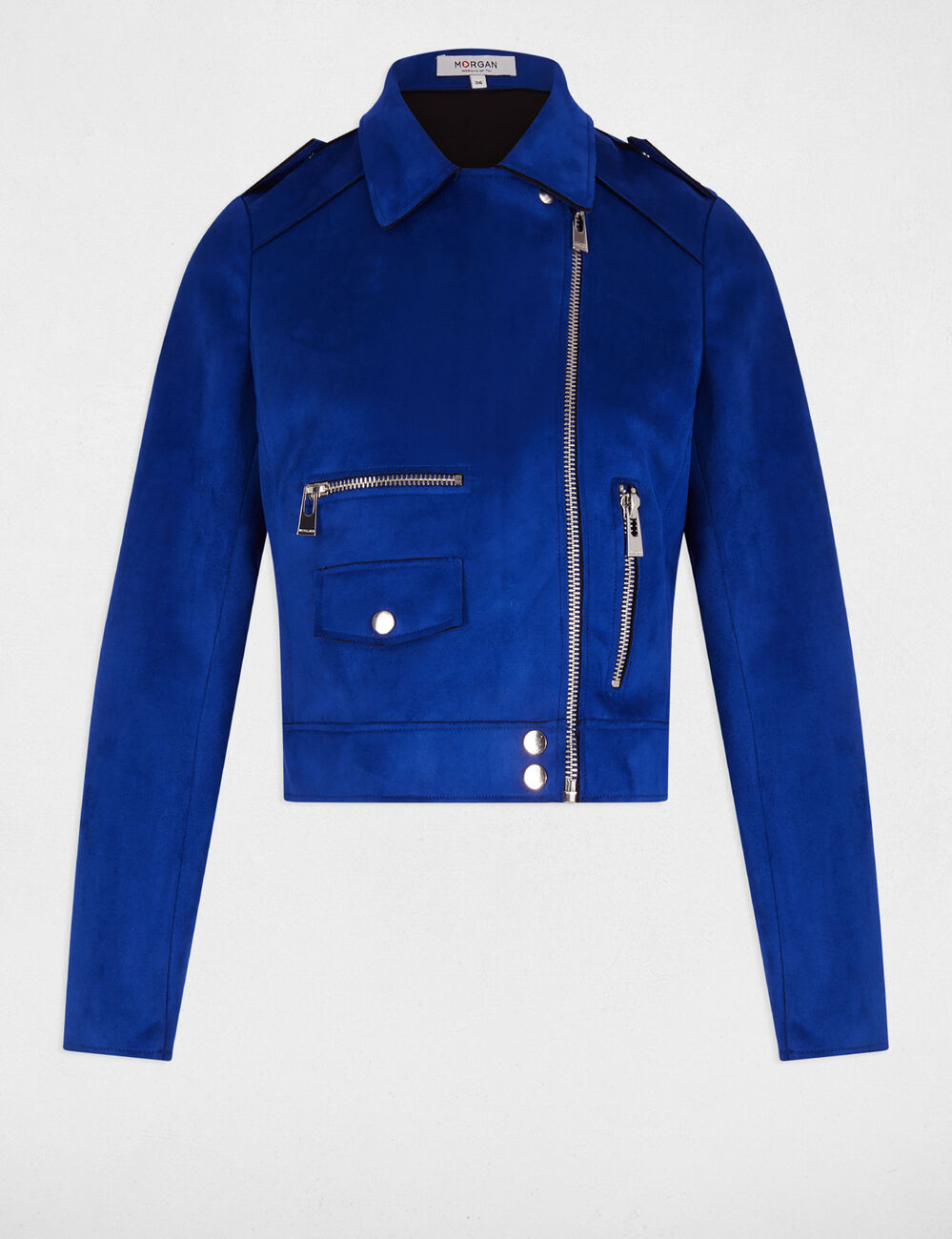 Zipped short suede jacket electric blue women