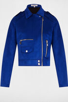 Zipped short suede jacket electric blue women