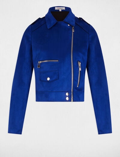 Zipped short suede jacket electric blue women