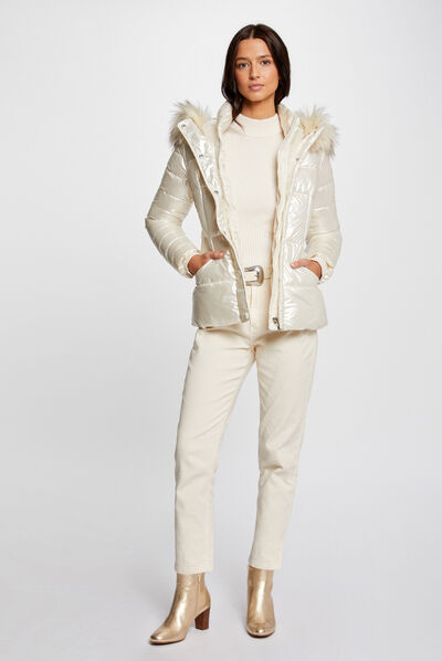 Metallised padded jacket with hood ivory ladies'