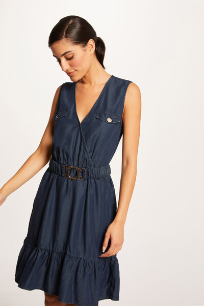Belted sleeveless straight dress raw denim ladies'