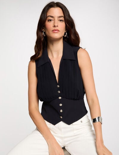 Sleeveless pleated top navy blue women