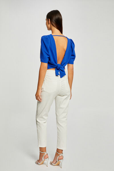 Short-sleeved blouse with open back electric blue ladies'