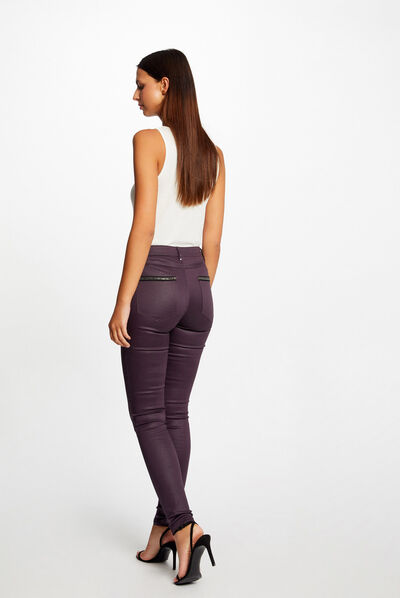 Skinny trousers wet effect plum ladies'