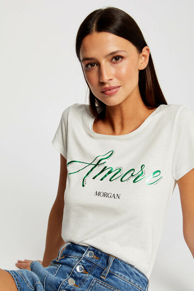 Short-sleeved t-shirt with message ecru ladies'