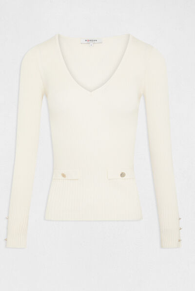 Long-sleeved ribbed jumper with V-neck ivory ladies'