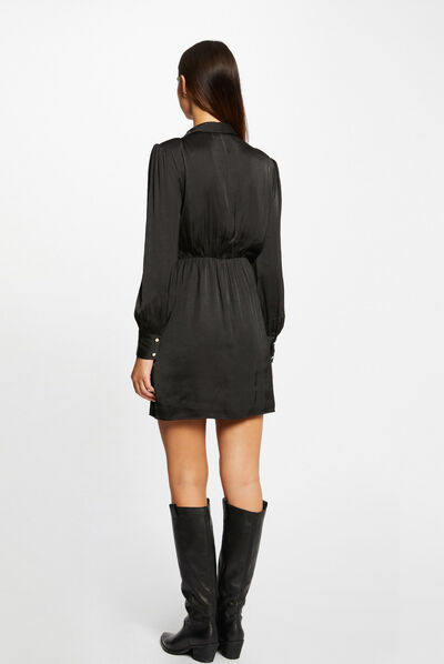 Satin draped straight dress black ladies'