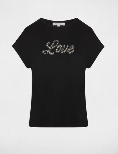 V-neck t-shirt with rhinestones black women
