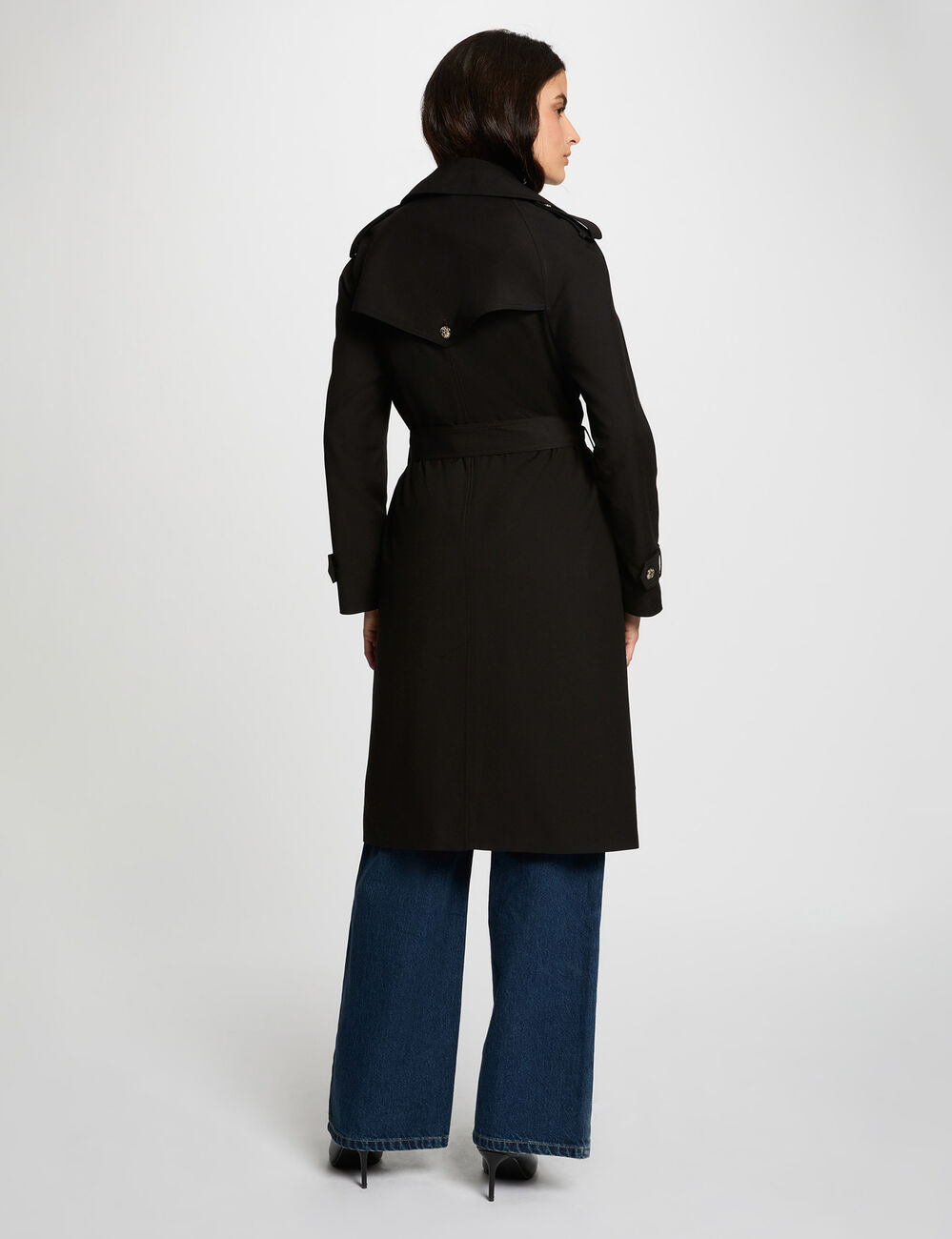 Long belted trench coat black women