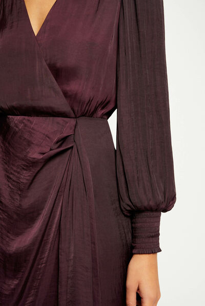 Satin draped waisted dress plum ladies'