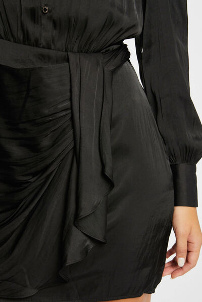 Satin draped straight dress black ladies'