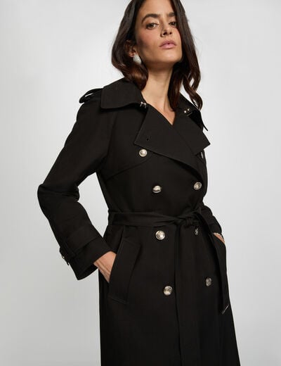 Long belted trench coat black women