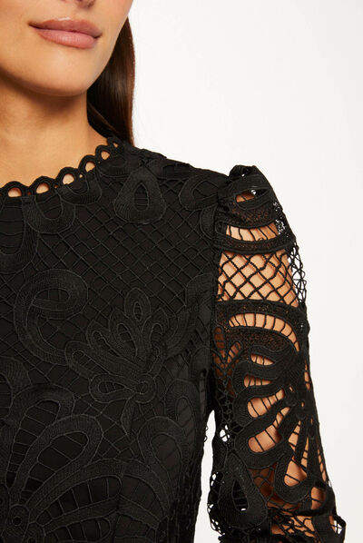 A-line dress in lace with ruffles black ladies'