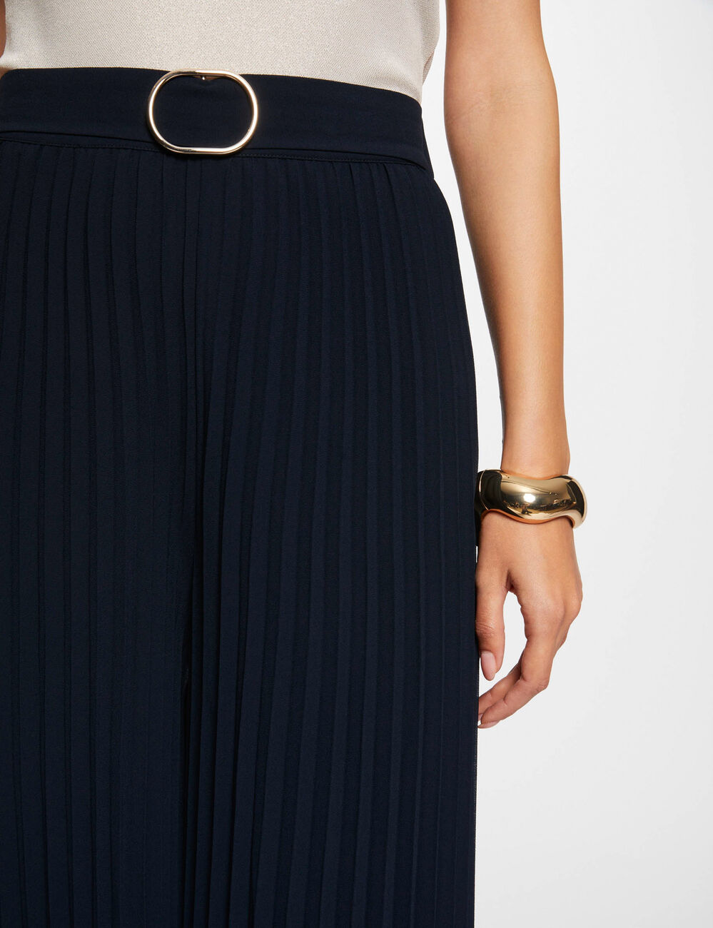 Pleated wide leg trousers navy blue women