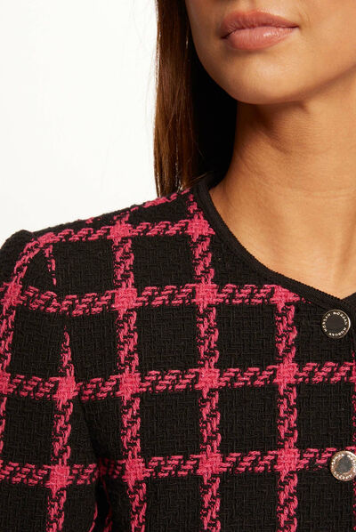 Checked straight jacket with round neck black ladies'