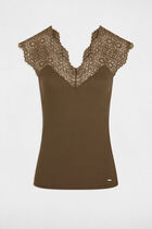 Vest top with wide straps and lace khaki green women