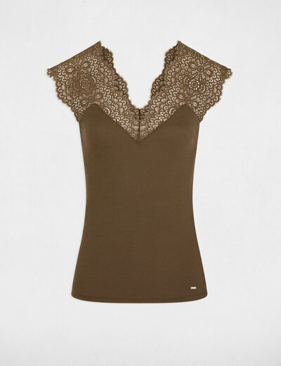 Vest top with wide straps and lace khaki green women