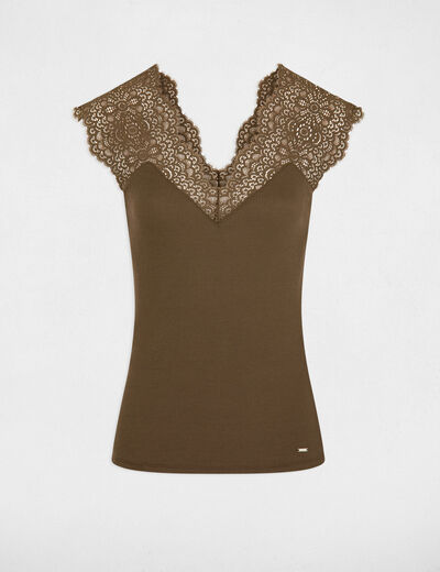 Vest top with wide straps and lace khaki green ladies'