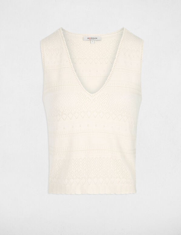 Top maille col en V ivoire femme
