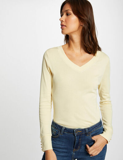 Long-sleeved t-shirt with V-neck straw yellow ladies'