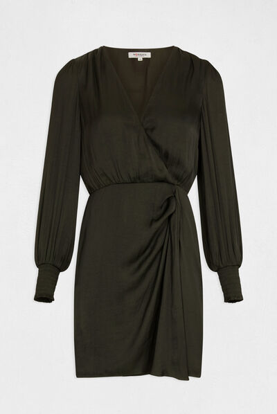Satin draped waisted dress dark green ladies'