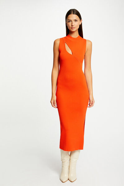 Fitted maxi jumper dress with slit orange ladies'