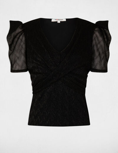 Short-sleeved t-shirt metallised threads black ladies'