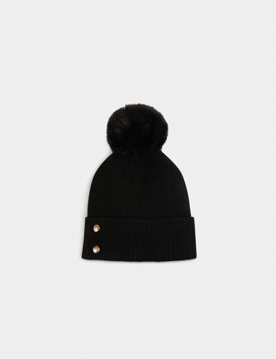 Beanie with buttons and pom-pom black ladies'