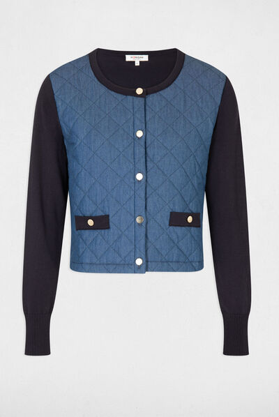 Long-sleeved cardigan with denim front navy ladies'