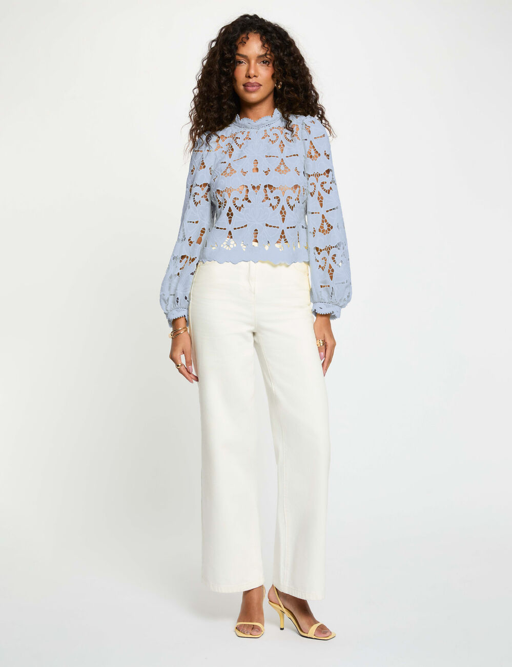 Embroidered blouse with high neck sky blue women