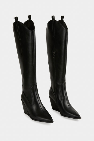 High boots with flared heels black ladies'