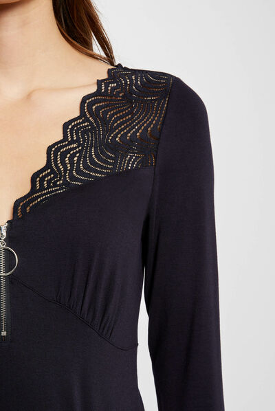 Long-sleeved t-shirt collar with lace navy ladies'