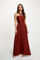 Long dress with tied neck cognac brown women