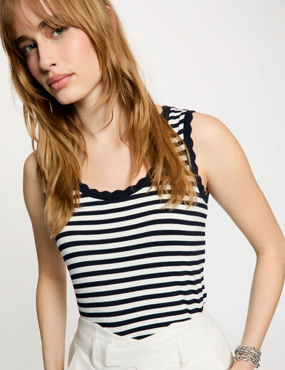 Striped round neck tank top navy blue women