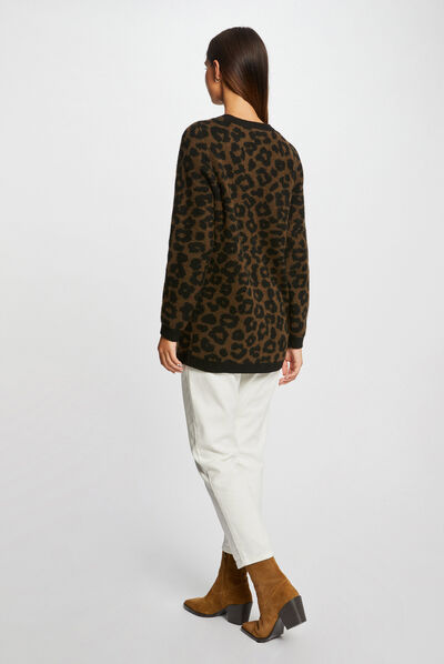 Mid-length cardigan leopard print black ladies'
