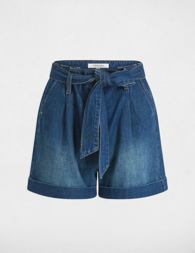 Belted denim shorts stone wash denim women