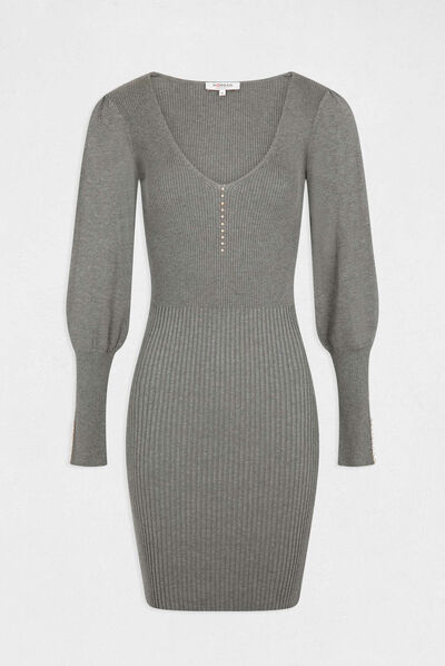 Fitted jumper dress with V-neck anthracite grey ladies'