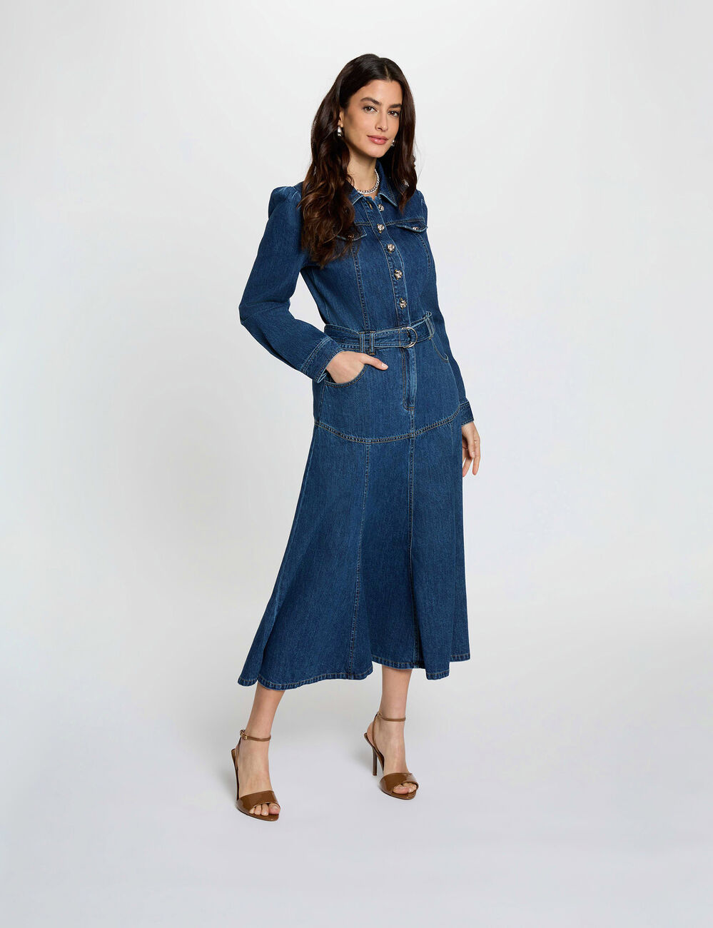 Fitted long dress raw denim women