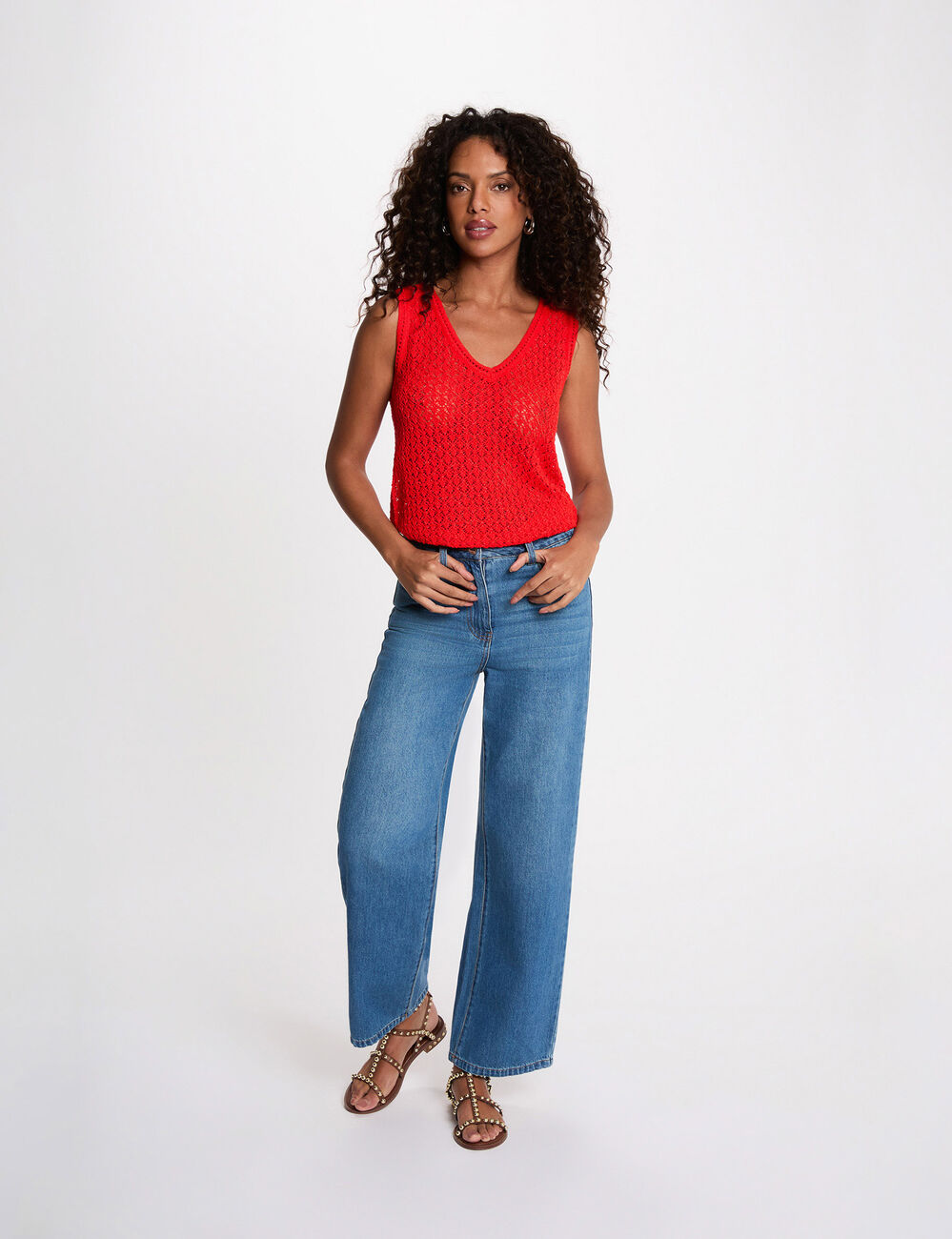 Crochet top with v-neck bright red women