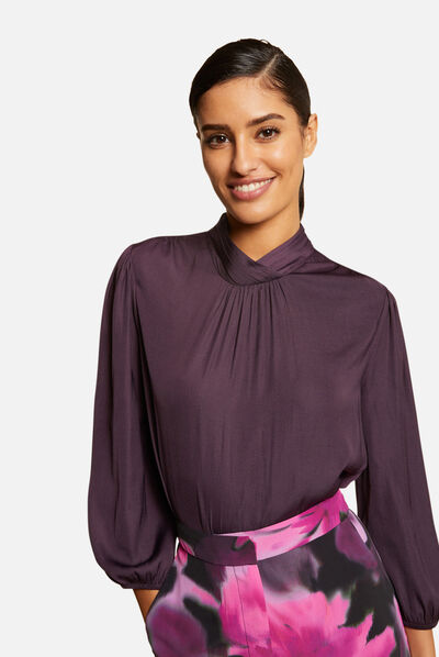 Satin blouse with 3/4-length sleeves plum ladies'