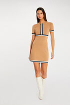 Fitted dress zip and contrasting strips camel women