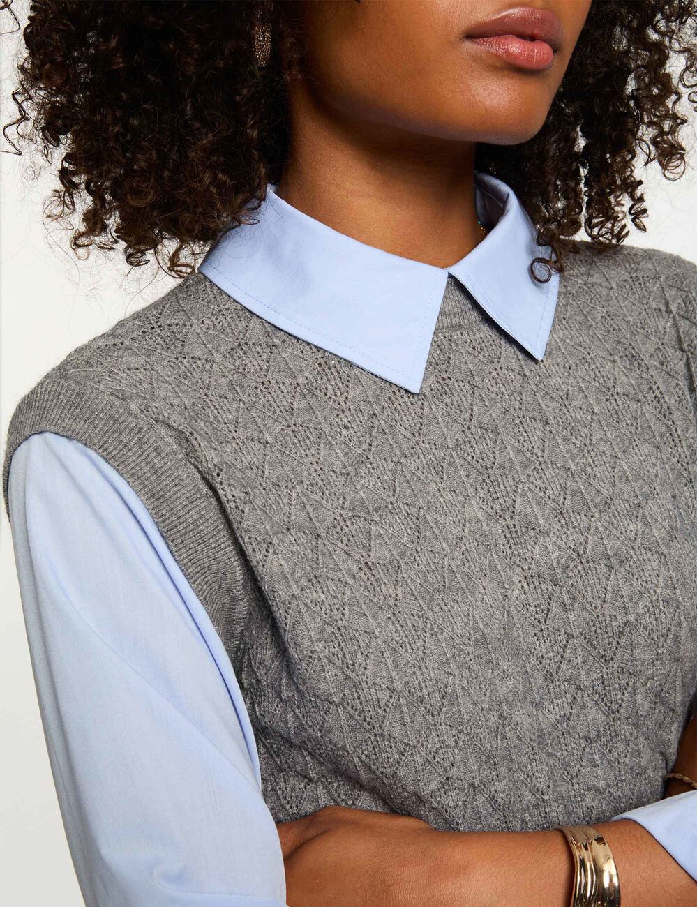 Cropped sweater with shirt collar light grey women