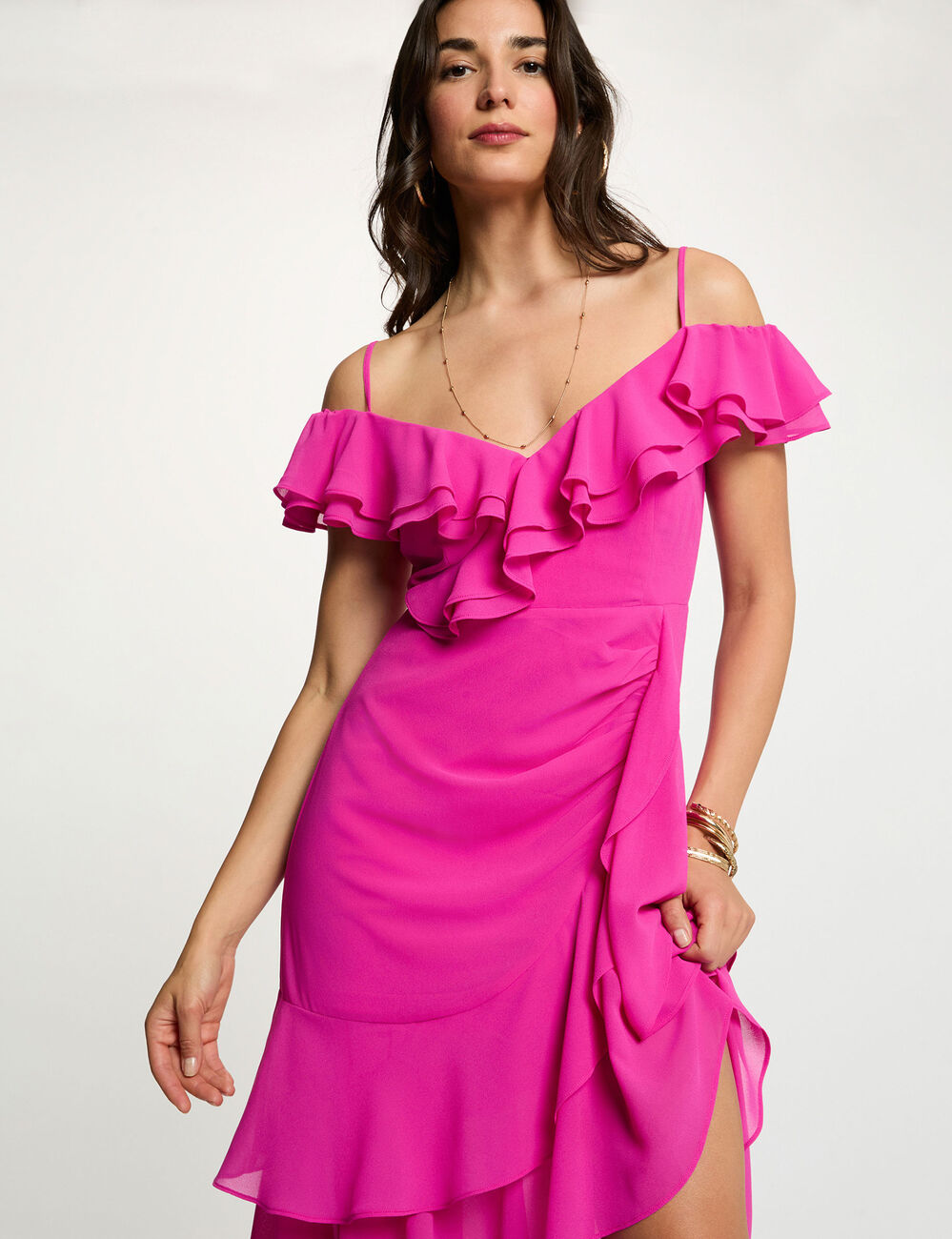 Straight midi dress ruffles raspberry pink women