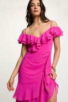 Straight midi dress ruffles raspberry pink women