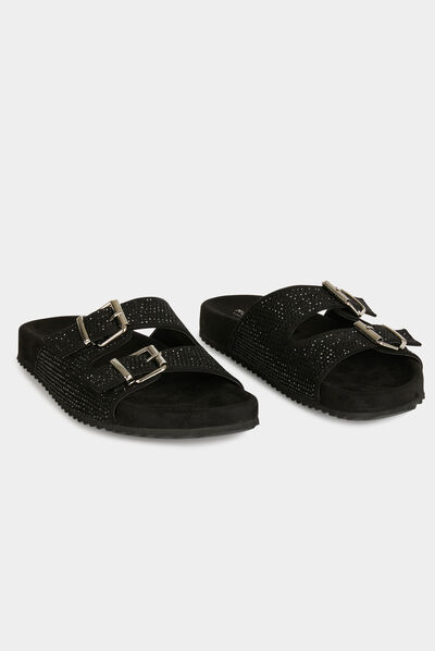 Mules with rhinestones and buckles black ladies'