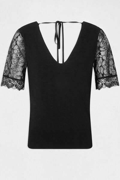 Jumper short-sleeves with lace black ladies'