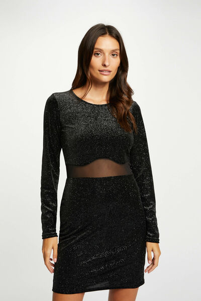 Fitted dress with opening and spangles black ladies'