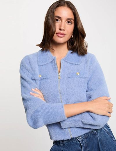 Long-sleeved cardigan with lapel collar blue women