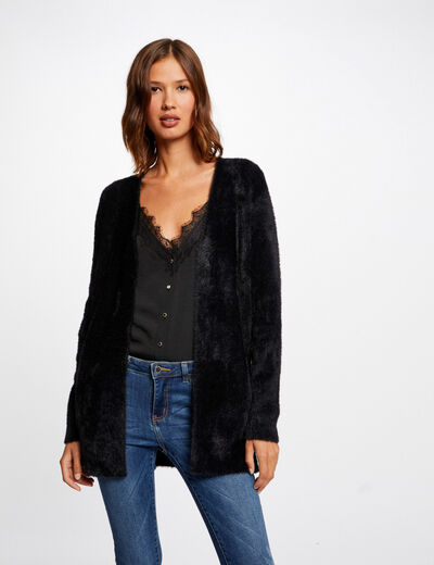 Long cardigan with fluffy knit black ladies'